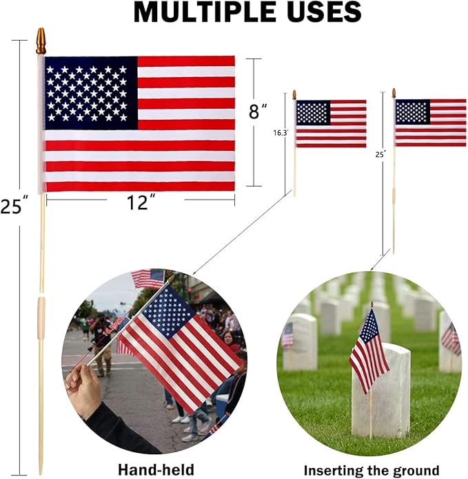100 Pack 8x12 Inch American Flags on Stick, US Flag/U.S. Flag for Outside, 4th of July Decorations, US American Hand Held Stick Flags with Kid-Safe Spear Top, Polyester Full Color Tear-Resistant Flag