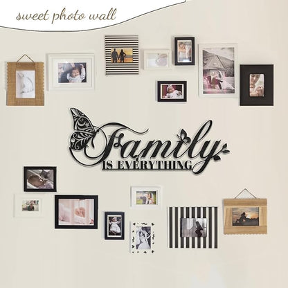 Family Signs Metal Wall Decor, Oppro Family Is Everything Word Sign with Butterfly for Home Decor, Black Art Plaque Letters for Living Room Dining Room Bedroom Housewarming Mother's Day Father's Day Christmas , 17”x6.3”