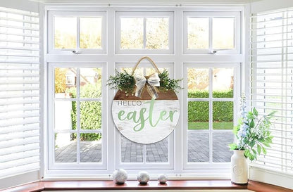 Boylee Easter Wooden Hanging Sign Hello Easter Sign Door Decoration with Bow Rustic Easter Wood Wreath Sign for Easter Spring Holiday Home Coffee Shop Bakery Farmhouse Window