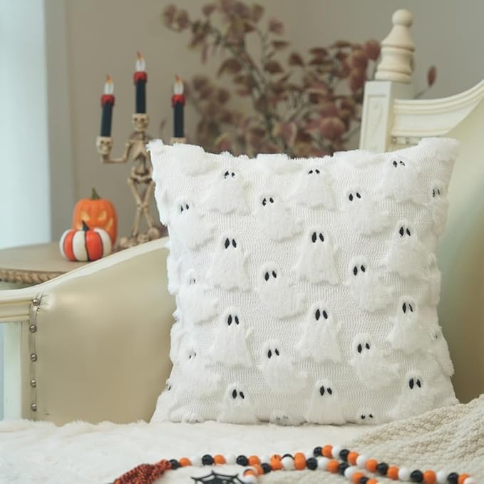 GEEORY Halloween Ghost Soft Plush Pillow Covers, 20 x 20 Inch Set of 2, Fluffy Faux Fur Wool Decorative Farmhouse Cushion Case for Sofa Home Decoration White GC026-20