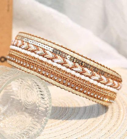 Women's Boho Sequin Pearls Headbands for Women Non Slip, Girls Sparkly Wide Hair Accessories Christmas Gift (Boho Yellow Wide)