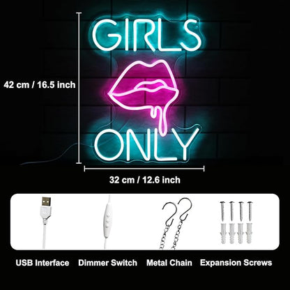 Girls Only Neon Sign Sexy Lips LED Signs Blue Pink Letter Neon Lights Bar Dimmable Neon Signs for Wall Decor Sexy Girl Neon Light Up Signs for Bedroom Man Cave Bar Club Party Decor