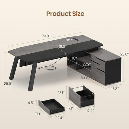 SEDETA 71" Executive Desk with File Cabinet, Large Office Desk with Drawers and Shelves, L Shaped Computer Desk with Power Outlets, Business Furniture Desk Workstation for Home Office, Gray