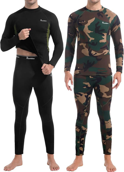 romision 2 Pack Thermal Underwear for Men Long Johns Fleece Lined Hunting Gear Bottom Top Set Base Layer Cold Weather XS-4XL