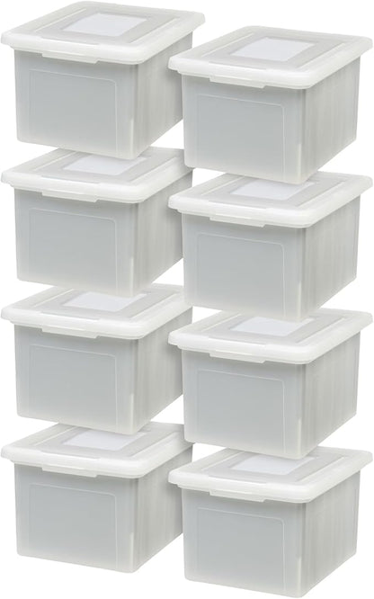 IRIS USA 8 Pack File Box, Plastic File Organizer with Lids for Letter/Legal File, Portable Document Box, Storage Bin with Secure Lid, Pearl 35 Qt.