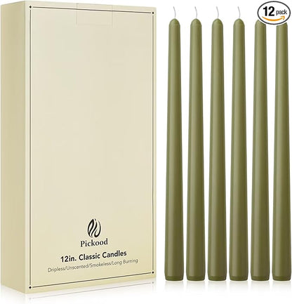 New Burning Formula Unscented Dripless 12-Inch Taper Candles Set of 12 - Olive Green, for Wedding, Dinner - Smokeless, Long Burning - Hand Poured, Colored Tall Candlesticks - Verde Oliva