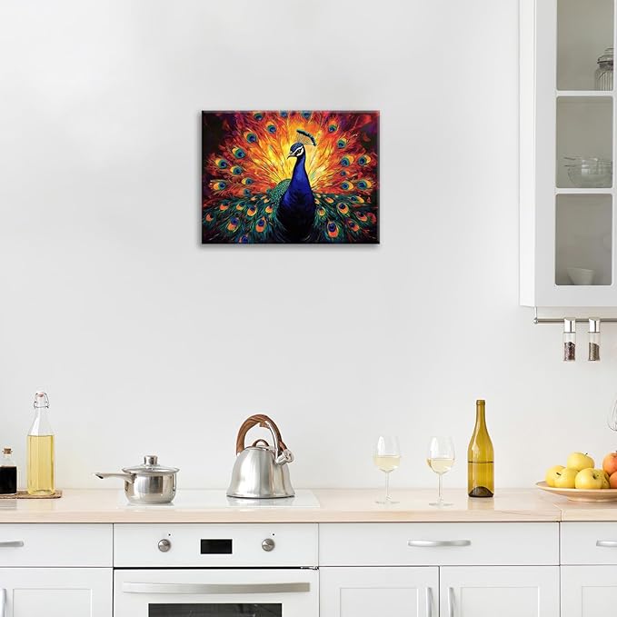 Peacock Wall Art, Elegance Peacock Pictures Wall Decor, Colorful Animal Canvas Prints Painting, Framed Artwork For Bathroom Living Room Office Bedroom Dining Room 16"X12"
