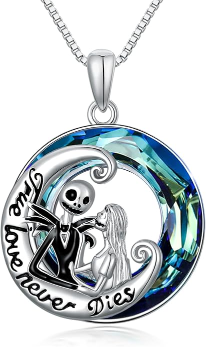 LILALO Christmas Gifts Nightmare Necklace Sterling Silver Abalone Shell Crystal Jack and Sally Necklace Jack Skellington Skull Jewelry Skull Necklaces for Women