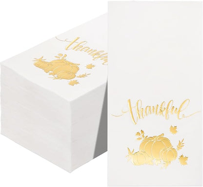 BUCLA 100-Count 3-Ply Thanksgiving Napkins - White and Gold Napkins Disposable & Pumpkin Paper Napkins Premium Quality - Gold Paper Napkins Dinner Size Soft, Absorbent for Thanksgiving Party