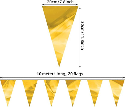 130FT Gold Glitter Triangle Pennant Banner Flag Metallic Bunting Fabric Garland for Christmas Graduation Wedding Engagement Anniversary Bachelorette Birthday Bridal Shower Valentine's Party Decor