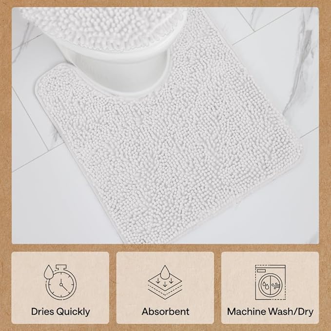 GORILLA GRIP Bathroom Rug Sets 3 Piece, Bath Mat Set and Oval Toilet Base with Rubber Backing, Plush Absorbent Shaggy Chenille Washable Mats, Includes 24x19.5, 24x17 and 30x20 Inch Rugs, Cream