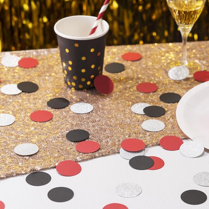 Silver Black and Red Confetti Table Decoration for Birthday Retirement Halloween Graduation Theme Party,1.2 inch in Diameter,200 Counts
