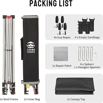 CROWN SHADES 12x12 Pop Up Canopy Outside Canopy, Patented One Push Tent Canopy with Wheeled Carry Bag, Bonus 8 Stakes and 4 Ropes, Black