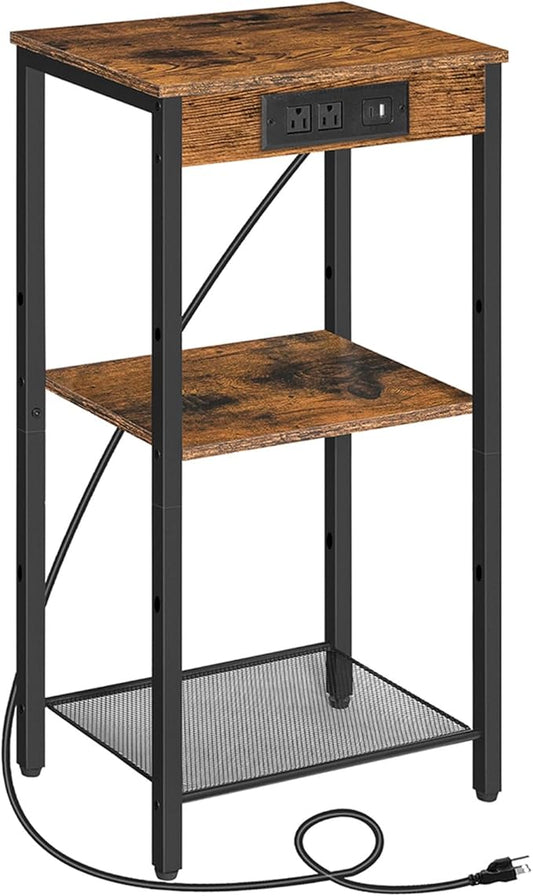 HOOBRO Tall End Table with Charging Station, 30 Inch Slim Tall Nightstand, 3-Tier Narrow Side Table with Adjustable Shelf, for Living Room, Bedroom, Small Space, Hallway, Rustic Brown BF09UDH01G1