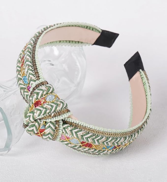 Women's Boho Top Knotted Braided Headbands for Women Non Slip, Girls Sparkly Wide Hair Accessories Christmas Gift (Boho Green Knot)