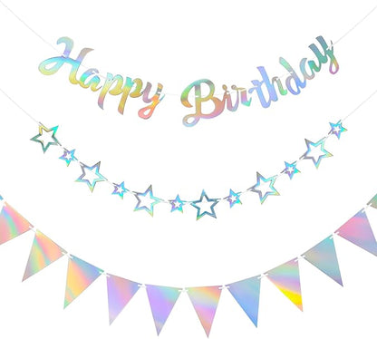CANREVEL 3 PCS Iridescent Happy Birthday Banners, Hanging Star Garland and Pennant Banner Flags, Sparkling Iridescent Party Decorations, Iridescent Party Supplies for Women Men Girls Boys Adults