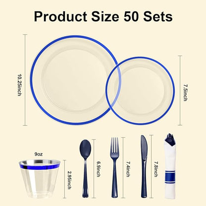 BESTSTAR 350PCS Clear and Blue Disposable Plates Set for 50 Guests, 100 Plastic Plates, 50 Cups, 50 Pre-Rolled Napkins with Plastic Cutlery for Party, Birthday, Thanksgiving, Christmas, Halloween