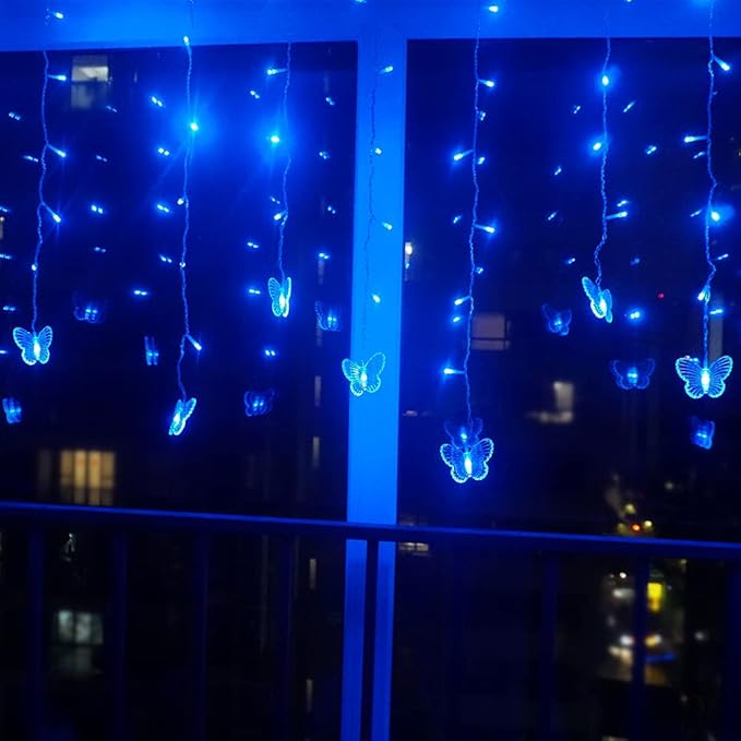 Blue Butterfly Curtain Fairy Lights USB Plug in,120 LED 8 Modes 20FT Firefly Twinkle Icicle String Lights with Remote Timer Waterproof for Bedroom Christmas Wedding Party Dorm Decor