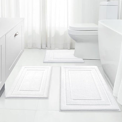 HOMEIDEAS Bathroom Rugs Sets 3 Piece, Super Soft and Absorbent Non Slip Microfiber Toilet Bath Mat with U-Shaped (White)