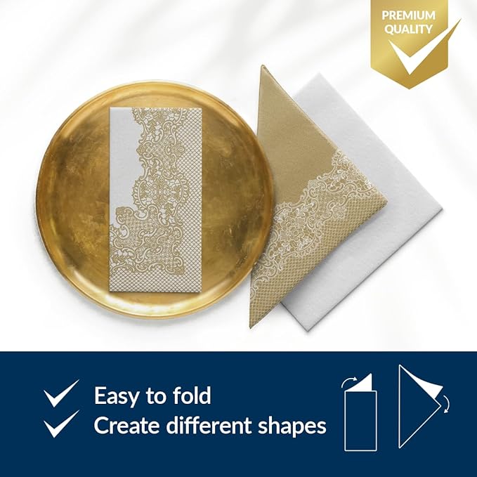 PAW - 50 Pieces Linen-Feel Paper Napkins 16" x 16", Disposable Cloth-Like Napkins with Reverse Gold Lace Design, Dinner Napkins for Party, Wedding, Christmas
