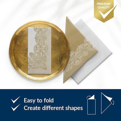 PAW - 50 Pieces Linen-Feel Paper Napkins 16" x 16", Disposable Cloth-Like Napkins with Reverse Gold Lace Design, Dinner Napkins for Party, Wedding, Christmas