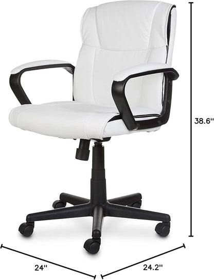 Amazon Basics Office Task Chair with Adjustable Height, 360° Swivel, Padded Armrests, Mid-Back, 275 Pound Capacity, BIFMA Certified, 24.2"D x 24"W x 38.6"H, White Faux Leather