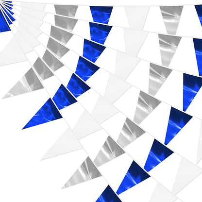 32.8FT Navy Blue White Silver Glitter Triangle Pennant Banner Flag Metallic Bunting Fabric Garland for Christmas Graduation Wedding Bridal Shower Nautical Ahoy Achor Theme Party Decorations Decor