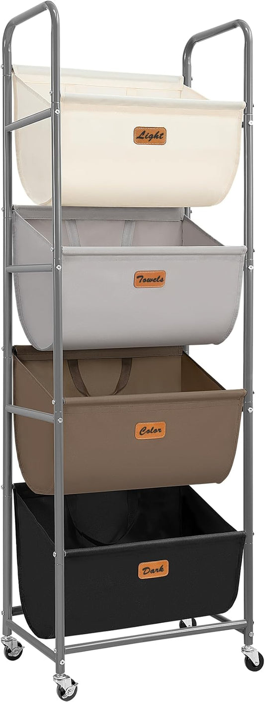 STORAGE MANIAC Vertical Rolling Laundry Hamper, 4 Section Laundry Sorter with Wheels and 2 Breaks, 4-tier Laundry Baskets for Small Space, Dorm, Laundry Room, Closet, Multicolored 4-tier
