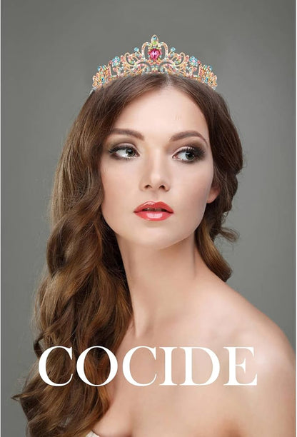 COCIDE Gold Tiara for Women Crystal Crown with Colorful Gemstones Rhinestones Hair Accessories for Girl Birthday Party Princess Prom Bride Wedding Bridal