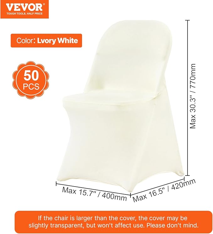 VEVOR Stretch Spandex Folding Chair Covers, Universal Fitted Chair Cover, Removable Washable Protective Slipcovers, for Wedding, Holiday, Banquet, Party, Celebration, Dining (50PCS Ivory White)