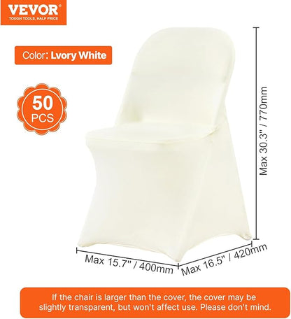 VEVOR Stretch Spandex Folding Chair Covers, Universal Fitted Chair Cover, Removable Washable Protective Slipcovers, for Wedding, Holiday, Banquet, Party, Celebration, Dining (50PCS Ivory White)
