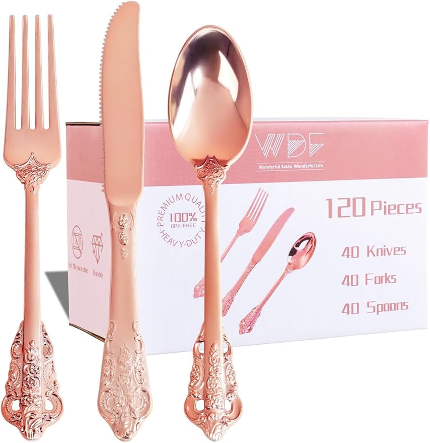 WDF 120-Piece Rose Gold Plastic Silverware - Heavy Duty Disposable Rose Gold Cutlery Set - Includes 40 Forks, 40 Spoons, 40 Knives for Wedding