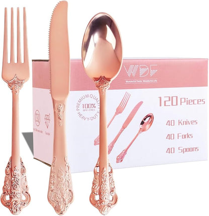 WDF 120-Piece Rose Gold Plastic Silverware - Heavy Duty Disposable Rose Gold Cutlery Set - Includes 40 Forks, 40 Spoons, 40 Knives for Wedding