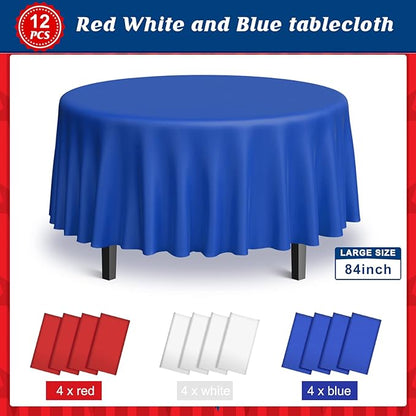 MASHAN 12 Pack 4th of July Plastic Tablecloth, Red White and Blue Patriotic Disposable Tablecloth, Waterproof Round Table Cover for Independence Day Memorial Day Veterans Day Decorations, 84 Inch