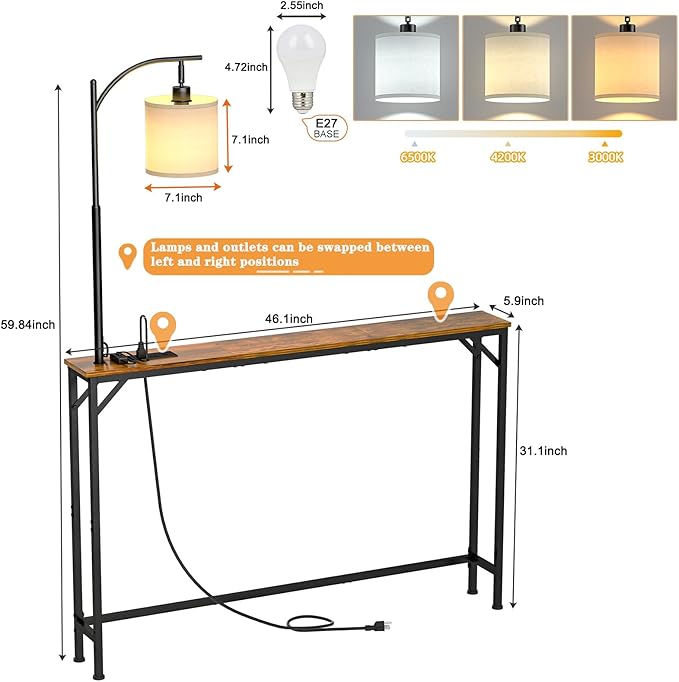 keomaisyto Skinny Console Table with Outlet, Narrow Sofa Table with 3-Color Light, Behind Couch Table with 3 Color Temperatures Led Bulb for Living Room, Bedroom, Entryway, Hallway