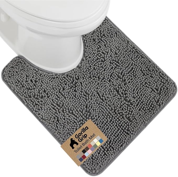 GORILLA GRIP Plush Absorbent Shaggy Chenille Bath Rug Mat for Oval Toilet Base with Rubber Backing, Machine Washable Rugs, Soft Microfiber Contour Mats for Toilets, Quick Dry, Bathroom Decor, Grey