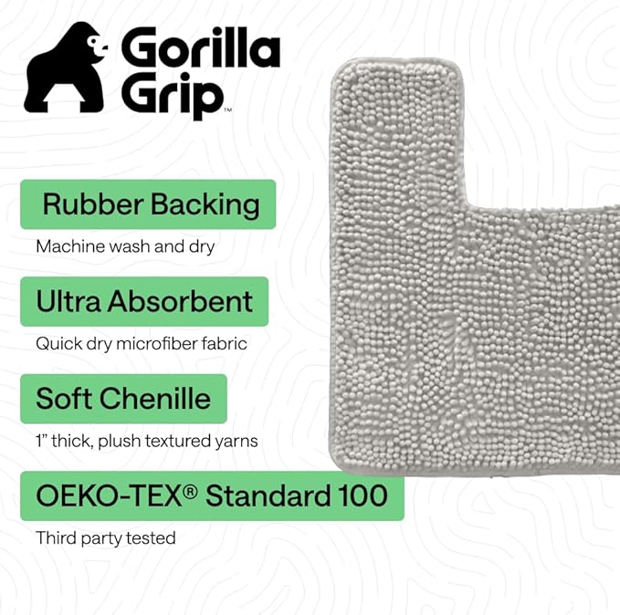 GORILLA GRIP Bathroom Rug Sets, Soft Chenille 2 Piece Area Rugs Set, Toilet Base Mat and 30x20 Carpet, Absorbent Microfiber Washable Mats Dry Quickly, Home Décor and Bath Room Accessories, Light Gray