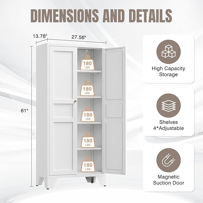 Yizosh Metal Storage Cabinet with 2 Doors and 4 Adjustable Shelves - 61" White Kitchen Pantry Storage 5-Tier Tall Steel Cabinets Locker for Kitchen, Living Room, Dining Room
