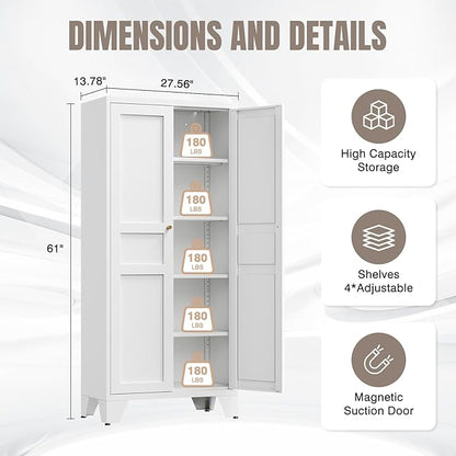 Yizosh Metal Storage Cabinet with 2 Doors and 4 Adjustable Shelves - 61" White Kitchen Pantry Storage 5-Tier Tall Steel Cabinets Locker for Kitchen, Living Room, Dining Room