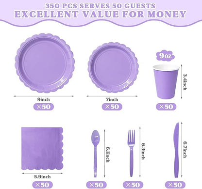 Vyntra 350 PCS Disposable Plates for Party, Paper Plates & Napkins Set with Cups, Knives, Forks, Spoons, 7'' Dessert and 9'' Dinner Plates for Birthday, Bridal & Baby Shower - Lavender/Light Purple
