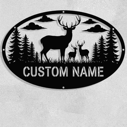 Personalized Deer Metal Sign,Custom Oval Hunting Scene Wall Art with Family Deer and Trees,Rustic Cabin Lodge Outdoor Decor, Farmhouse Name Plaque, Gift for Hunters, Men, Dad, Anniversary