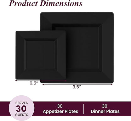Aya's Square Plastic Plates - 6.5"/9.5" Black Disposable Plates for Party - Heavy-Duty Reusable Food Grade Plastic - 60 Count - Thick and Durable to Prevent Breaking - Ideal for Events and Gatherings
