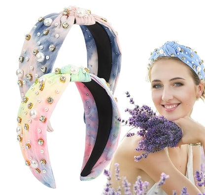 JILIYUPA Pearl Rhinestone Tweed Headband, White blue, Sparkle Luxury Knotted Vintage Embellished Crystal Rhinestone Hairband for Women and Girls