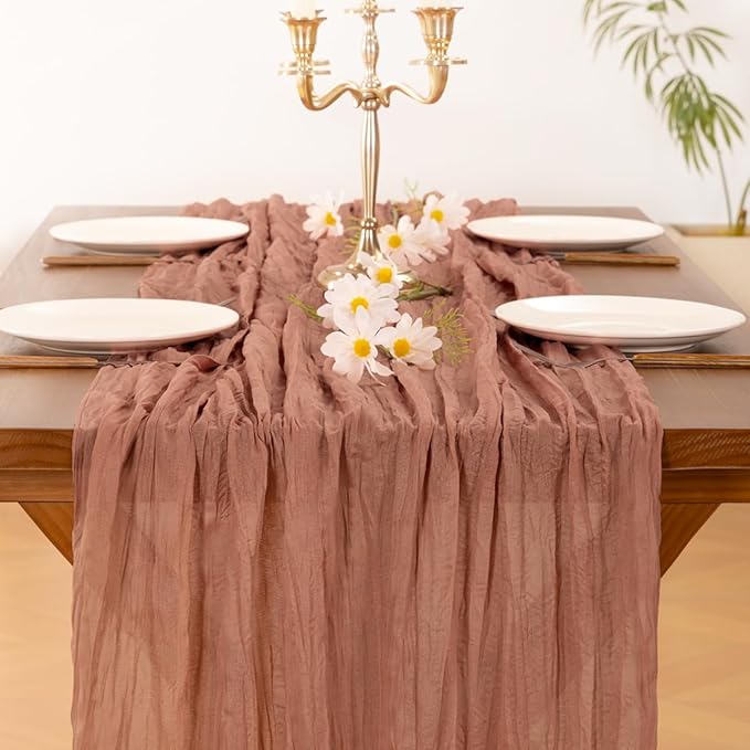 Socomi Dusty Rose Fall Thanksgiving Cheesecloth Table Runner Boho Rustic Gauze 120 inch 10FT Cheese Cloth Runner for Wedding Party Baby Shower Birthday Home Decor Holiday Decorations