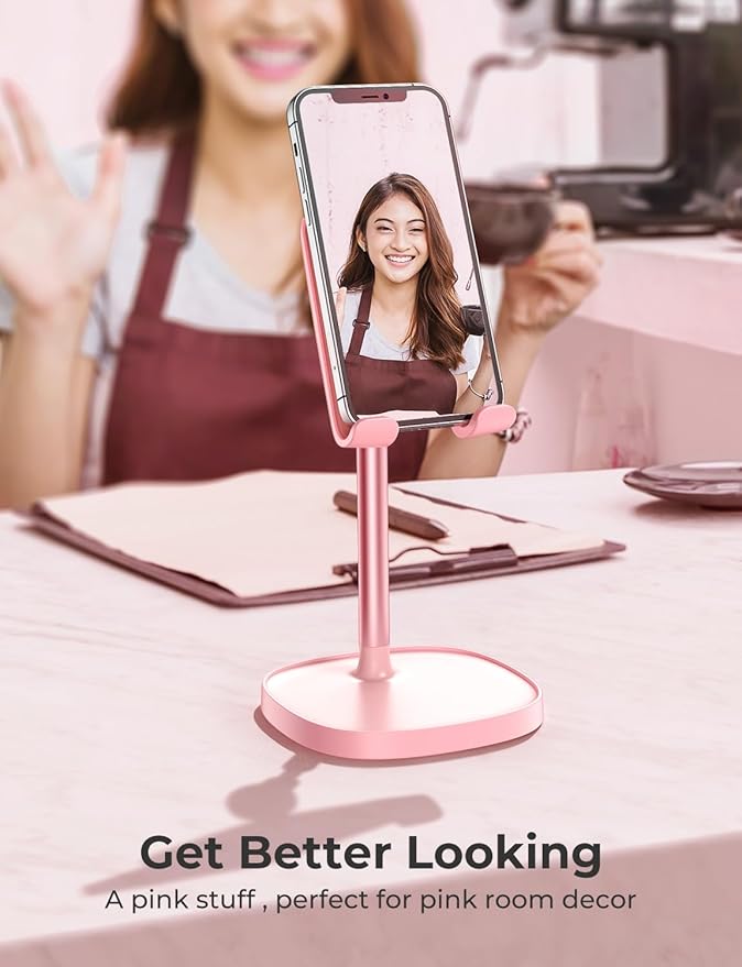 LISEN Pink Gifts Home Girls Room Decor for Desk Accessories, Cute Desk Pink Phone Stand Office Vanity Accessories for Girls Moms Bathroom Essentials Decor for iPhone Kindle Stand 4-10 inch Tablet