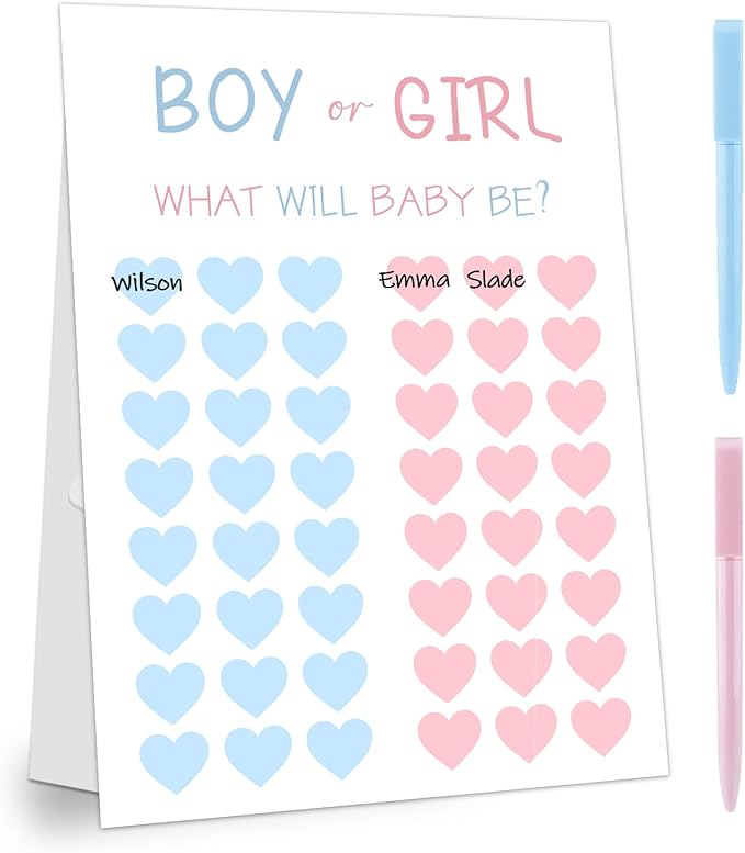 Gender Reveal Party Games, Blue and Pink Baby Gender Reveal Voting Board Sign, 48 Boy Girl Voting with Two Pens, He or She, Baby Gender Reveal Party Decorations Games for Boy or Girl Shower