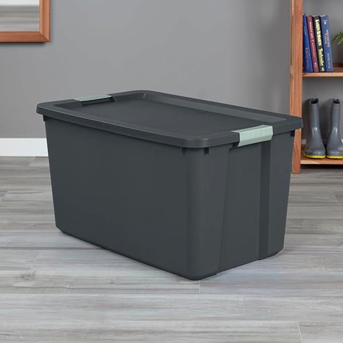 Sterilite 8 Pack 34 Gallon Latch Tote, Stackable Plastic Storage Bin Container, Gray/Green
