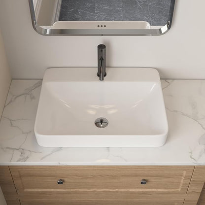 DeerValley 24x19 Inch White Rectangular Drop-In Bathroom Sink, Semi-Recessed Ceramic Vessel Sink with Overflow and Single Faucet Hole, Model DV-1DS012101