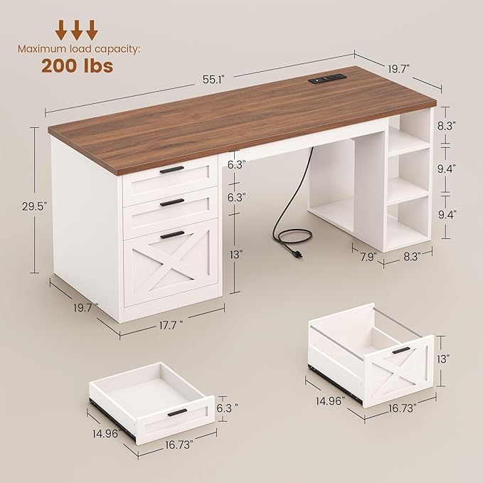 SEDETA 55.1" Farmhouse Office Desk with 3 Drawers, Executive Desk with File Drawer & Storage Shelves, Computer Desk with Power Outlet for Home Office, White and Brown