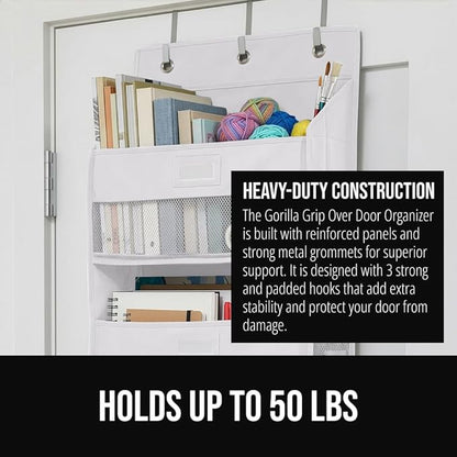 GORILLA GRIP Over The Door Organizer Storage, 5 Deep Hanging Shelves, Holds 50lbs, Closet Organizers Shelf for Bedroom, Shoes, Bathroom, Nursery, Dorm Essentials, 3 Metal Hooks, 58x15 Inches, White